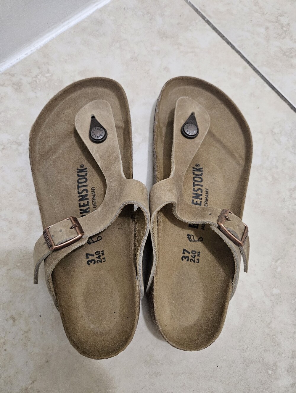 Birkenstock Gizeh Suede Thong Sandals in Tan with Copper Buckles